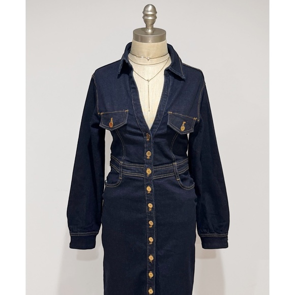Zara Women's Dark Blue Gold Button Up Long Sleeve Maxi Denim Dress Size M - Picture 5 of 7